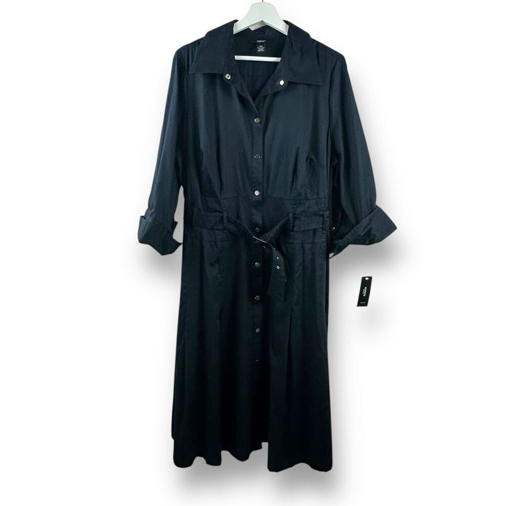 Alfani Women's 16W Button Up Safari Shirt Dress Solid Black Belted Modest New